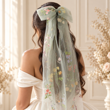 Load image into Gallery viewer, Botanical Tulle Bridal Bow - Embroidered Meadow Flower Bridal Veil Bow