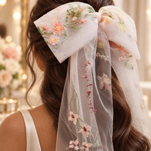 Load image into Gallery viewer, Botanical Tulle Bridal Bow - Embroidered Meadow Flower Bridal Veil Bow
