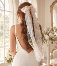 Load image into Gallery viewer, Botanical Tulle Bridal Bow - Embroidered Meadow Flower Bridal Veil Bow