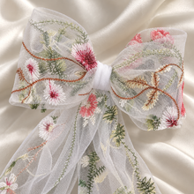 Load image into Gallery viewer, Meadow Flower Embroidered Tulle Bridal Hair Bow | Botanical Veil Bow