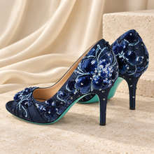 Load image into Gallery viewer, Navy Floral Embroidered Occasion Shoes – Mother of the Bride Heels
