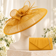 Load image into Gallery viewer, Mustard Yellow Large Fascinator and Vegan Suede Clutch Bag Set