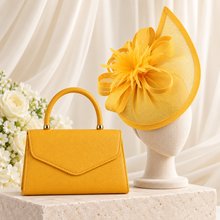 Load image into Gallery viewer, Mustard Yellow Fascinator & Textured Vegan Leather Bag Set – Wedding Guest Accessories