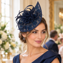 Load image into Gallery viewer, Navy Blue Fascinator & Clutch Bag– Handmade Beaded Wedding Guest Accessories