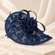Load image into Gallery viewer, Navy Blue Fascinator & Clutch Bag– Handmade Beaded Wedding Guest Accessories