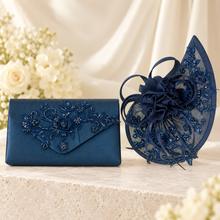 Load image into Gallery viewer, Navy Blue Fascinator & Clutch Bag– Handmade Beaded Wedding Guest Accessories