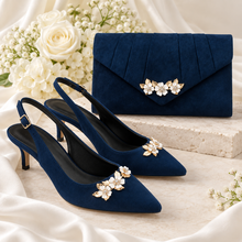 Load image into Gallery viewer, Navy Blue Suede Slingback Shoes and Matching Cherry Blossom Clutch