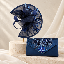 Load image into Gallery viewer, Navy Blue Fascinator & Matching Clutch Bag Set – Floral Sequin Wedding Guest Accessories