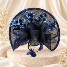 Load image into Gallery viewer, Navy Blue Fascinator & Matching Clutch Bag Set – Floral Sequin Wedding Guest Accessories