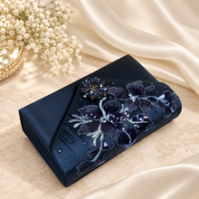 Load image into Gallery viewer, Navy Blue Fascinator & Matching Clutch Bag Set – Floral Sequin Wedding Guest Accessories