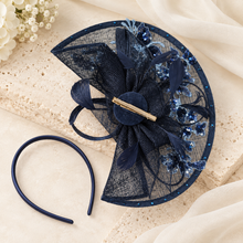 Load image into Gallery viewer, Navy Blue Fascinator & Matching Clutch Bag Set – Floral Sequin Wedding Guest Accessories