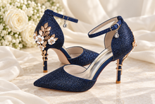 Load image into Gallery viewer, Navy Glitter Wedding Shoes with Cherry Blossom Heels