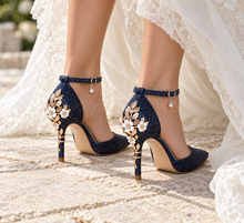 Load image into Gallery viewer, Navy Glitter Wedding Shoes with Cherry Blossom Heels