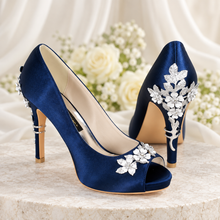 Load image into Gallery viewer, Navy Satin Peep Toe Wedding Heels with Silver Cherry Blossom