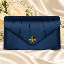 Load image into Gallery viewer, Navy Satin Clutch Bag with Antique-Gold Bee – Handmade Wedding & Evening Purse
