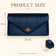 Load image into Gallery viewer, Navy Satin Clutch Bag with Antique-Gold Bee – Handmade Wedding & Evening Purse