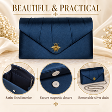 Load image into Gallery viewer, Navy Satin Clutch Bag with Antique-Gold Bee – Handmade Wedding & Evening Purse
