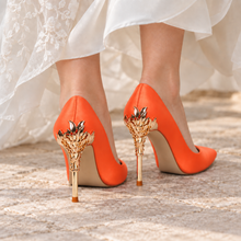 Load image into Gallery viewer, Orange Satin Wedding Shoes with Gold Vine Heels