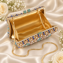 Load image into Gallery viewer, Luxury Swarovski Crystal Evening Clutch Bag – Handmade Floral Box Clutch with Removable Chain