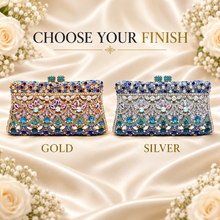Load image into Gallery viewer, Luxury Swarovski Crystal Evening Clutch Bag – Handmade Floral Box Clutch with Removable Chain