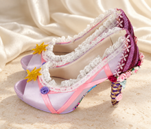 Load image into Gallery viewer, Rapunzel Inspired Bridal Heels | Lilac Satin, Lace & Ribbon Flowers