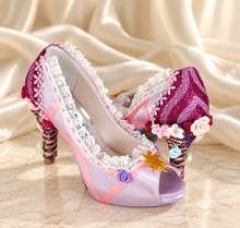 Load image into Gallery viewer, Rapunzel Inspired Bridal Heels | Lilac Satin, Lace & Ribbon Flowers