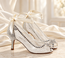 Load image into Gallery viewer, Ivory Lace Bridal Shoes with Crystal Butterflies & Peep Toe Heels