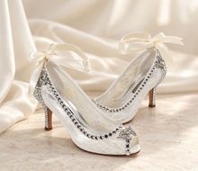 Load image into Gallery viewer, Ivory Lace Bridal Shoes with Crystal Butterflies & Peep Toe Heels