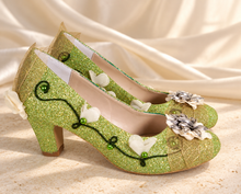 Load image into Gallery viewer, Tiana Inspired Bridal Block Heels | Green Glitter & Golden Leaves
