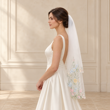 Load image into Gallery viewer, Pastel Floral Embroidered Edge Bridal Veil | 2 Tier