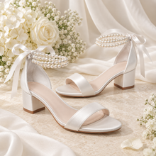 Load image into Gallery viewer, Ivory Pearl Ankle-Strap Bridal Sandals – Flat or Block Heel