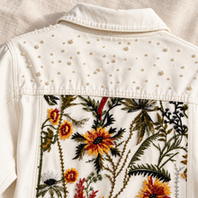 Load image into Gallery viewer, Autumn Floral Bridal Denim Jacket with Pearls – White or Blue