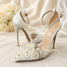Load image into Gallery viewer, Lace Bridal Sandals with Pearl Details | 8cm, 10cm, 12cm Heel | Large Sizes