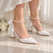 Load image into Gallery viewer, Pearl Ankle Strap Satin Bridal Shoes – 6 cm Block Heel