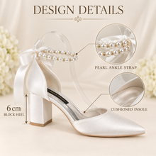 Load image into Gallery viewer, Pearl Ankle Strap Satin Bridal Shoes – 6 cm Block Heel