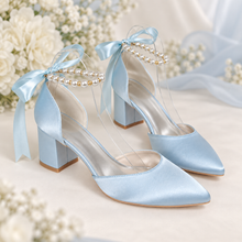 Load image into Gallery viewer, Pearl Ankle Strap Satin Bridal Shoes – 6 cm Block Heel