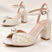 Load image into Gallery viewer, Pearl Embellished 7 cm Block-Heel Bridal Sandals – White or Ivory