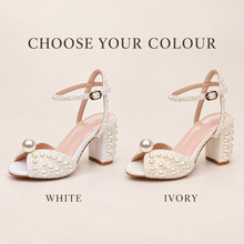 Load image into Gallery viewer, Pearl Embellished 7 cm Block-Heel Bridal Sandals – White or Ivory