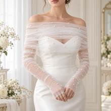Load image into Gallery viewer, Pearl Tulle Bridal Dress Topper & Fingerless Sleeves