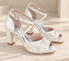 Load image into Gallery viewer, Pearl Detail Satin Bridal Sandals with Block Heels