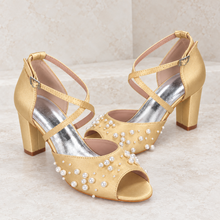 Load image into Gallery viewer, Pearl Detail Satin Bridal Sandals with Block Heels