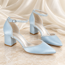 Load image into Gallery viewer, Pearl Trim Satin Block Heel Bridal Shoes