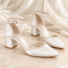 Load image into Gallery viewer, Pearl Trim Satin Block Heel Bridal Shoes