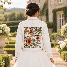 Load image into Gallery viewer, Autumn Floral Bridal Denim Jacket with Pearls – White or Blue
