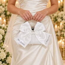 Load image into Gallery viewer, Personalised White Satin Bow Clutch Bag – Custom Bridal Wedding Purse