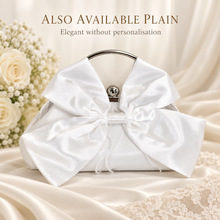Load image into Gallery viewer, Personalised White Satin Bow Clutch Bag – Custom Bridal Wedding Purse