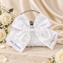Load image into Gallery viewer, Personalised White Satin Bow Clutch Bag – Custom Bridal Wedding Purse