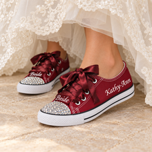 Load image into Gallery viewer, Personalised Bridal Trainers with Crystal Toes and Satin Ribbon Laces