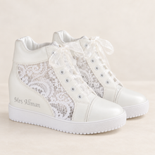 Load image into Gallery viewer, Personalised Bridal Wedge Trainers – White Lace High-Top Wedding Sneakers