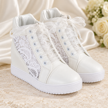 Load image into Gallery viewer, Personalised Bridal Wedge Trainers – White Lace High-Top Wedding Sneakers